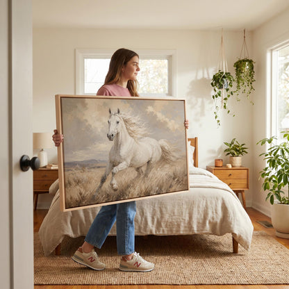 White stallion galloping through pale grassland, canvas print displayed on a neutral wall in a styled interior