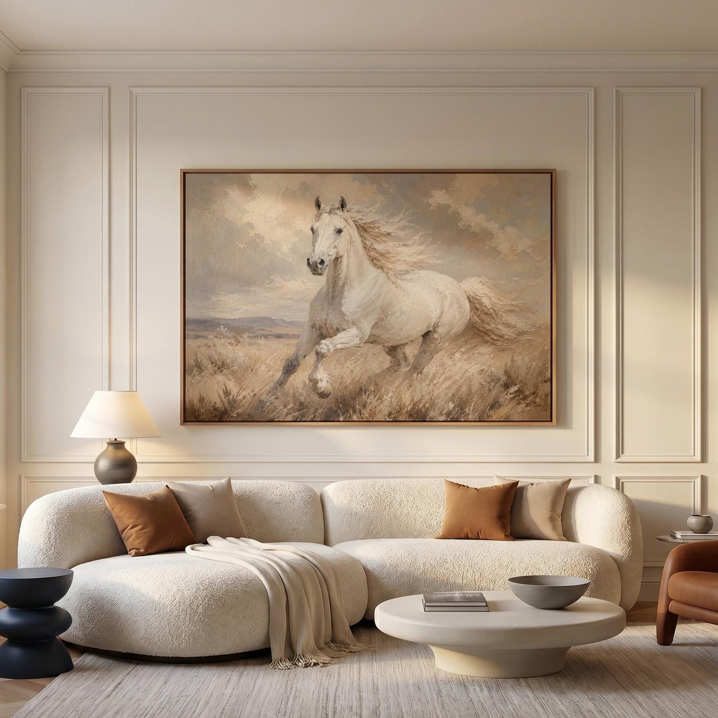 White stallion galloping through pale grassland, canvas wall art hanging in a calm, modern living space