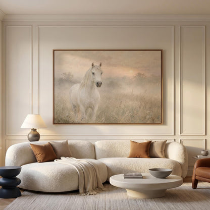 White horse standing in a misty meadow at dawn, canvas print shown in a sunlit, contemporary room