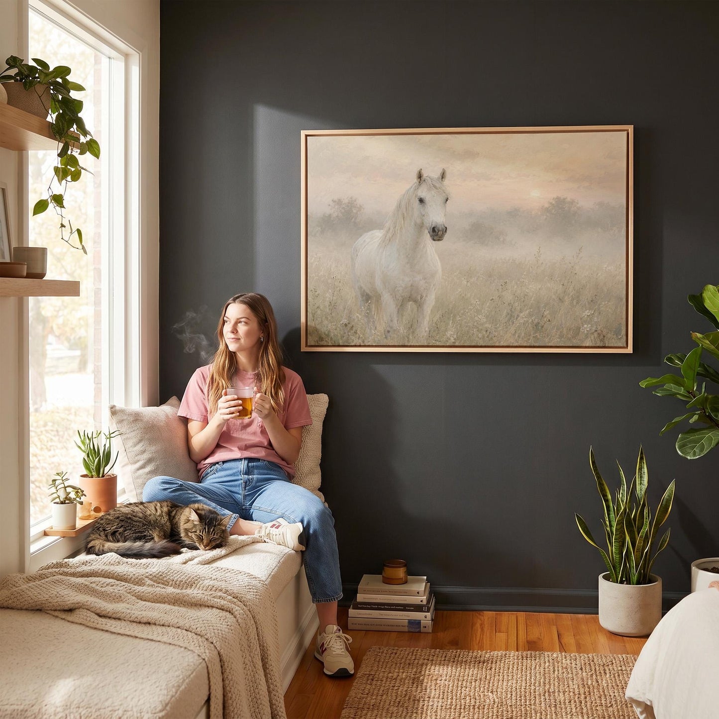 White horse standing in a misty meadow at dawn, canvas wall art hanging in a calm, modern living space