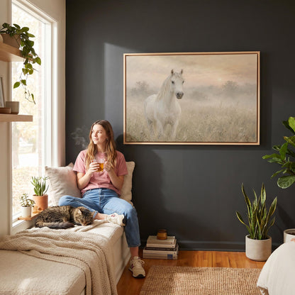 White horse standing in a misty meadow at dawn, canvas wall art hanging in a calm, modern living space