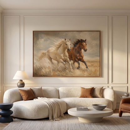 Palomino and bay horses galloping through dry grassland, canvas print seen in a warm interior with natural light