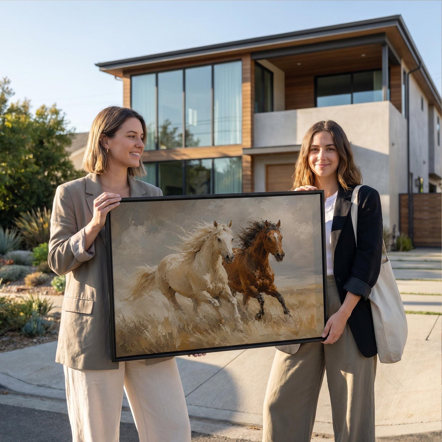Palomino and bay horses galloping through dry grassland, canvas print shown in a sunlit, contemporary room