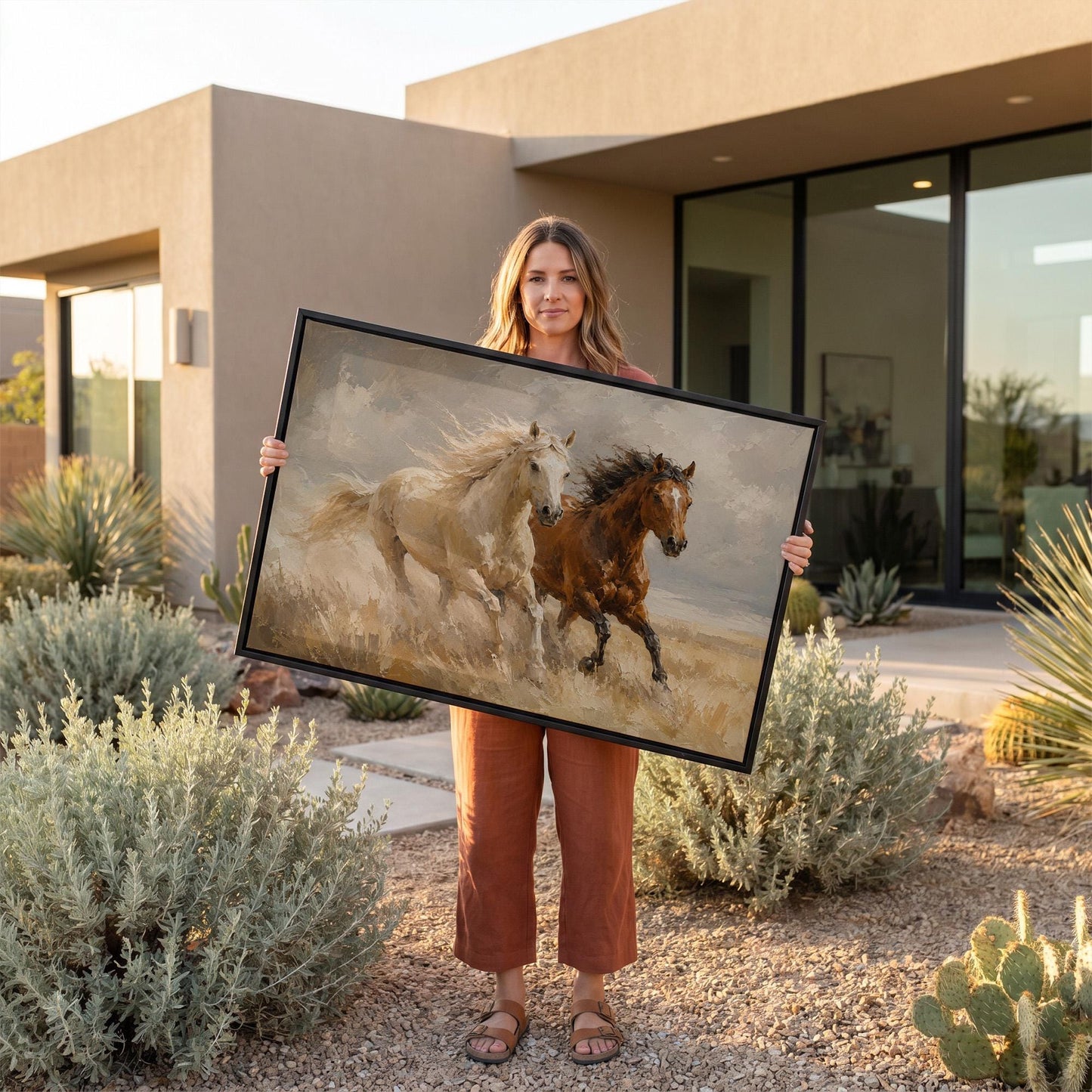 Palomino and bay horses galloping through dry grassland, canvas wall art hanging in a calm, modern living space