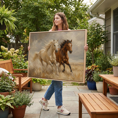 Palomino and bay horses galloping through dry grassland, canvas wall art styled against a soft white wall