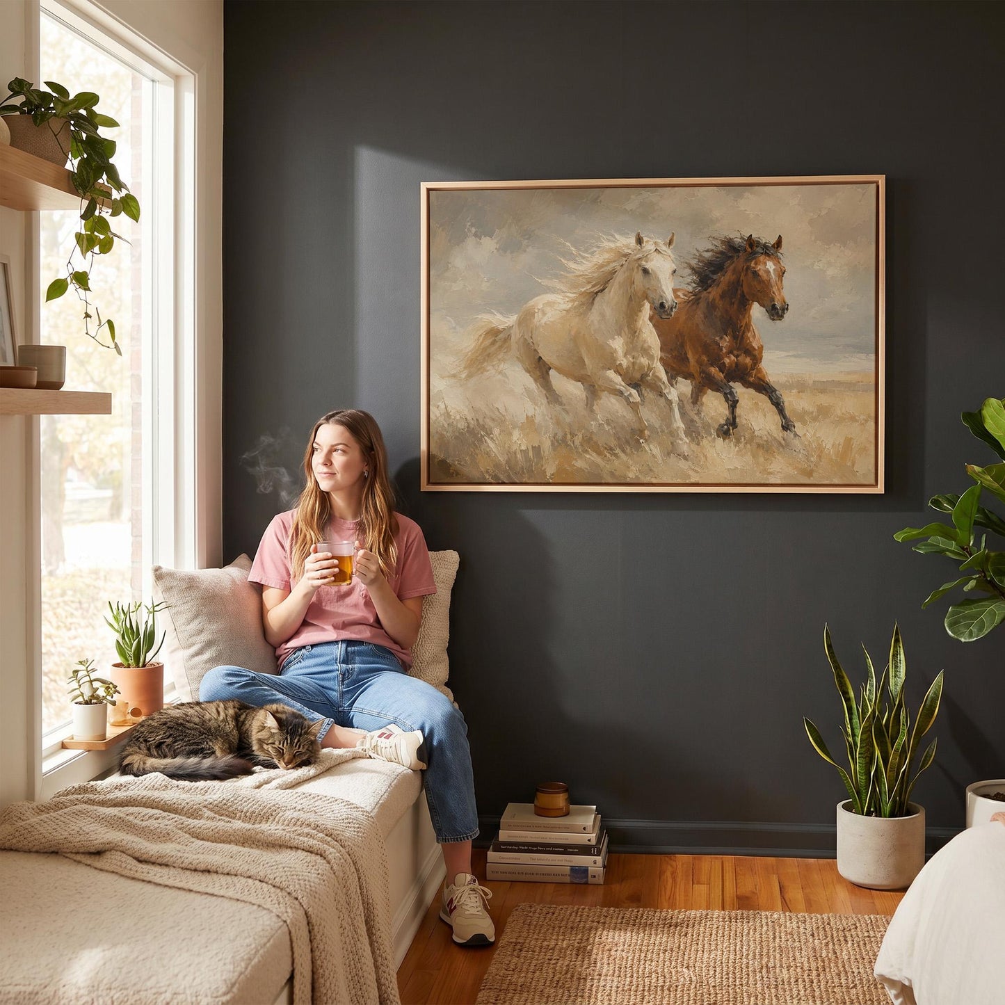 Palomino and bay horses galloping through dry grassland, canvas wall art seen in a warm interior with natural light