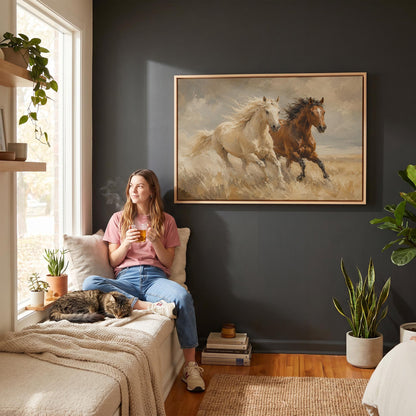 Palomino and bay horses galloping through dry grassland, canvas wall art seen in a warm interior with natural light