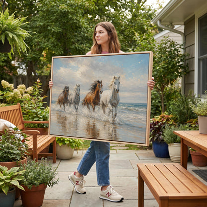 Four horses running through shallow surf on a beach, canvas print seen in a warm interior with natural light