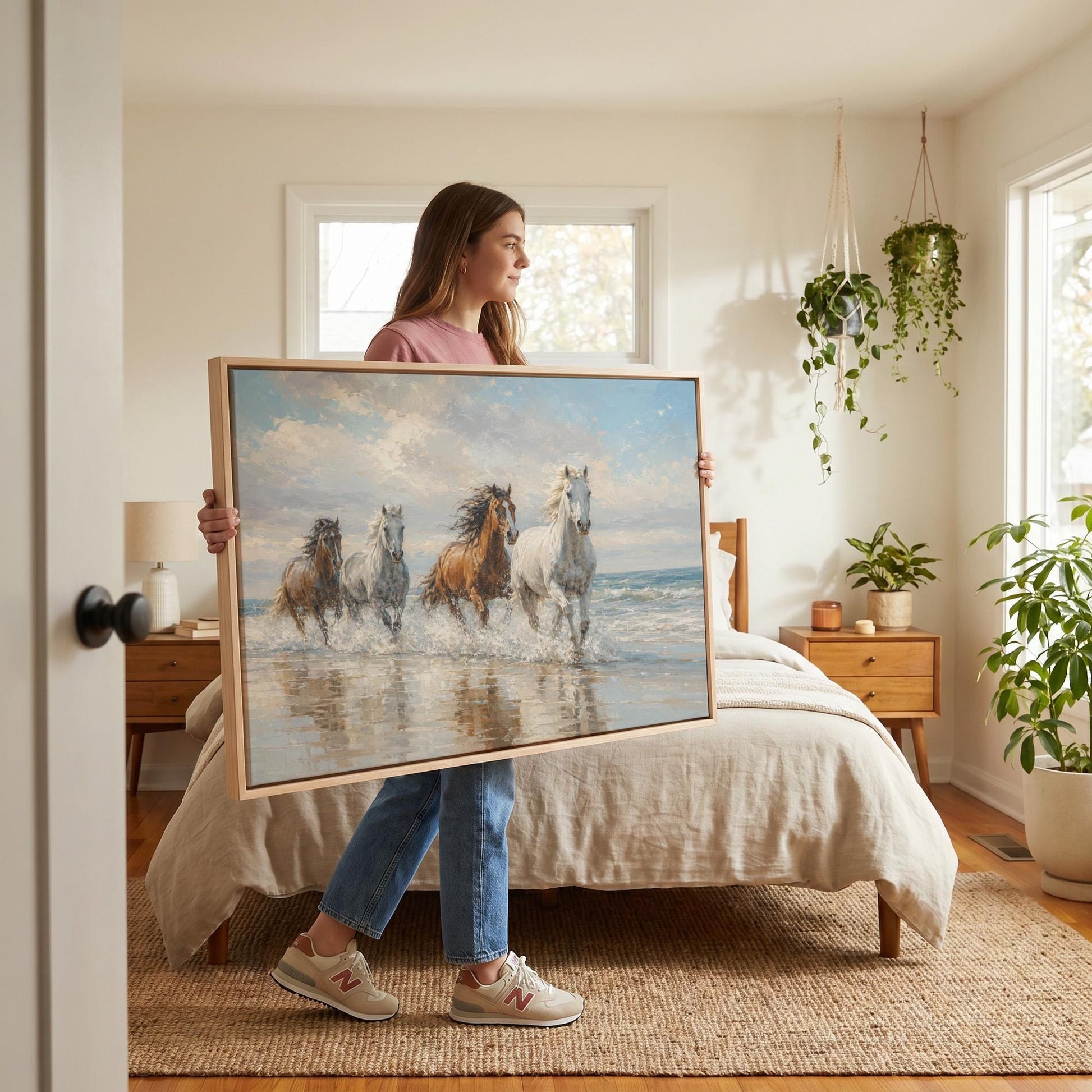 Four horses running through shallow surf on a beach, canvas print displayed on a neutral wall in a styled interior