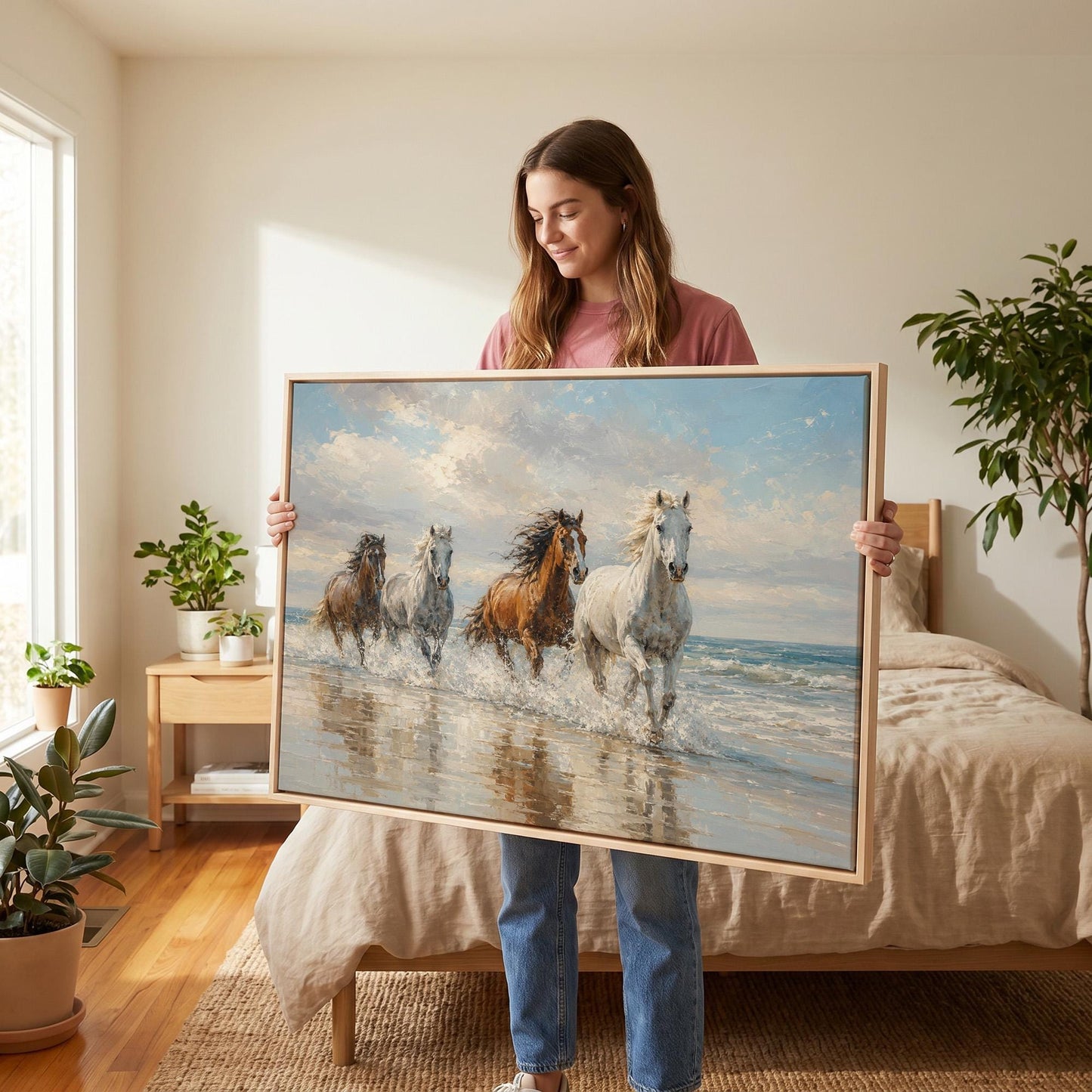 Four horses running through shallow surf on a beach, canvas print shown in a sunlit, contemporary room