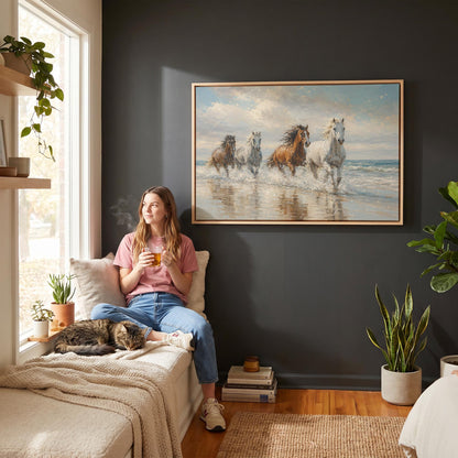 Four horses running through shallow surf on a beach, canvas wall art hanging in a calm, modern living space