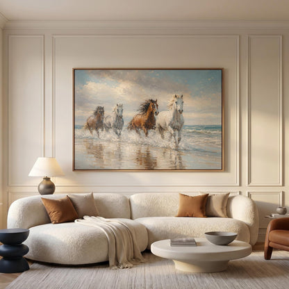 Four horses running through shallow surf on a beach, canvas wall art seen in a warm interior with natural light