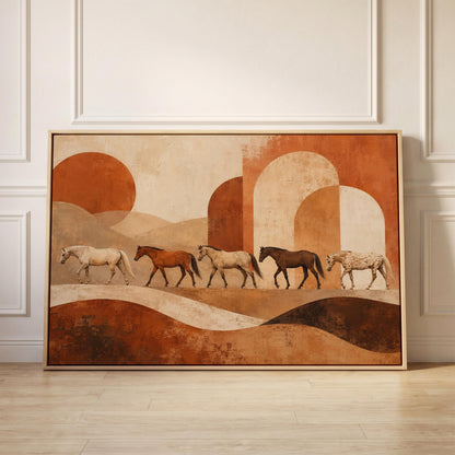 Line of horses crossing an abstract terracotta landscape, canvas print held up against a sunlit bedroom wall