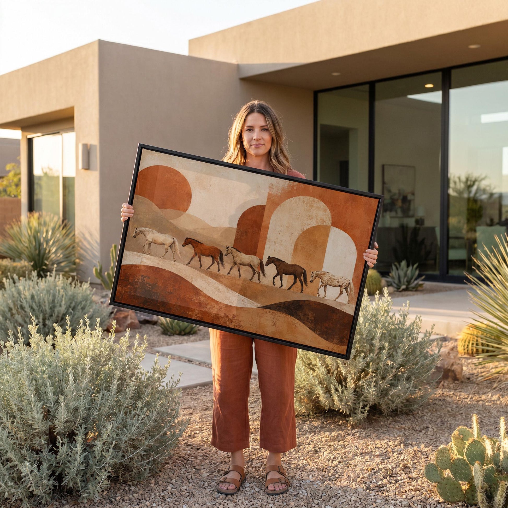 Line of horses crossing an abstract terracotta landscape, canvas print presented in a light, minimal room