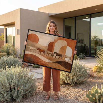 Line of horses crossing an abstract terracotta landscape, canvas print presented in a light, minimal room