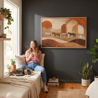 Line of horses crossing an abstract terracotta landscape, canvas print shown to scale in a furnished room