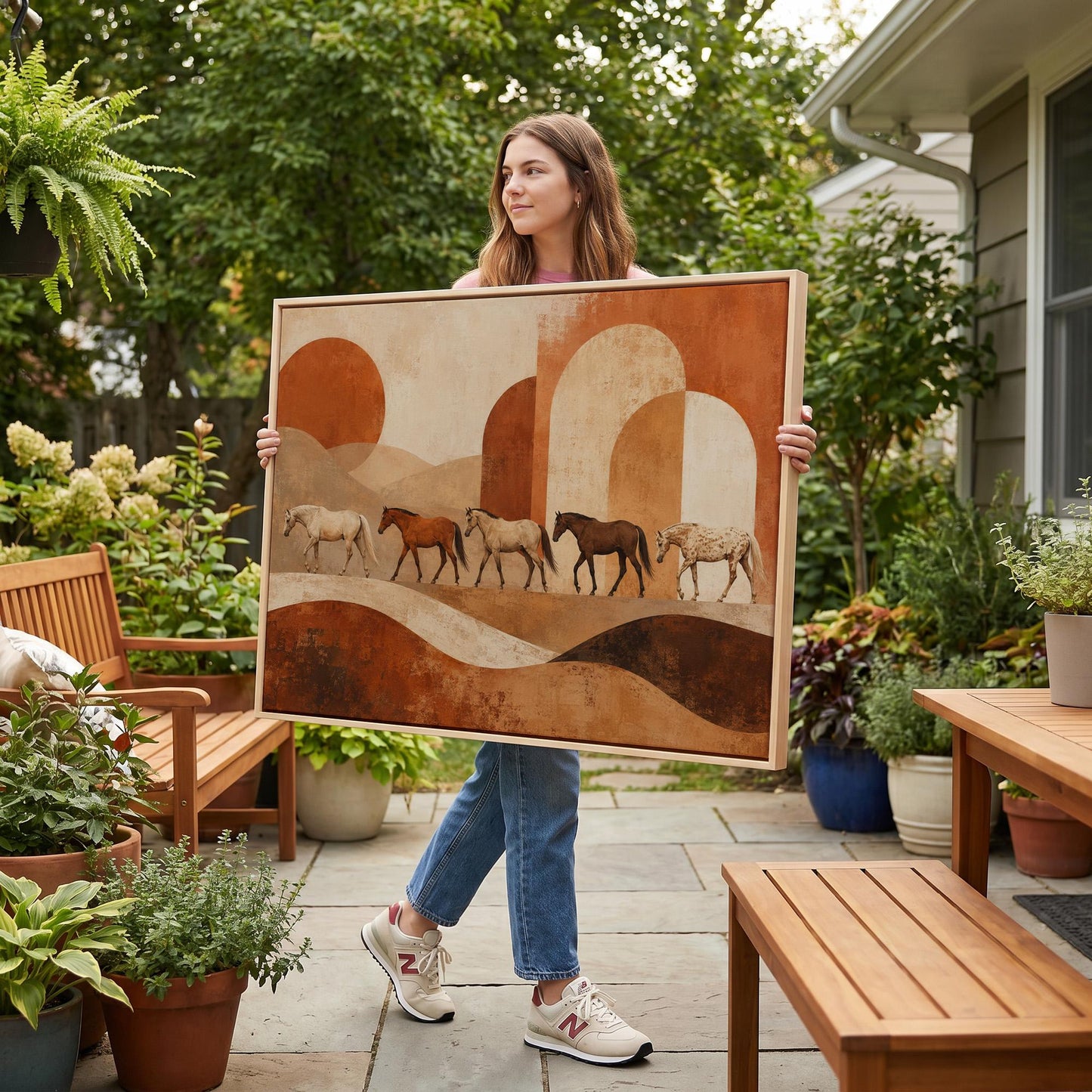 Line of horses crossing an abstract terracotta landscape, canvas wall art hanging in a calm, modern living space