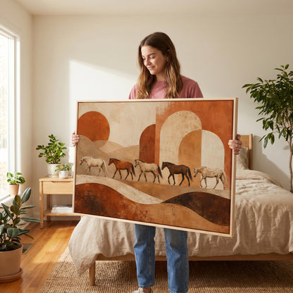 Line of horses crossing an abstract terracotta landscape, canvas wall art seen in a warm interior with natural light