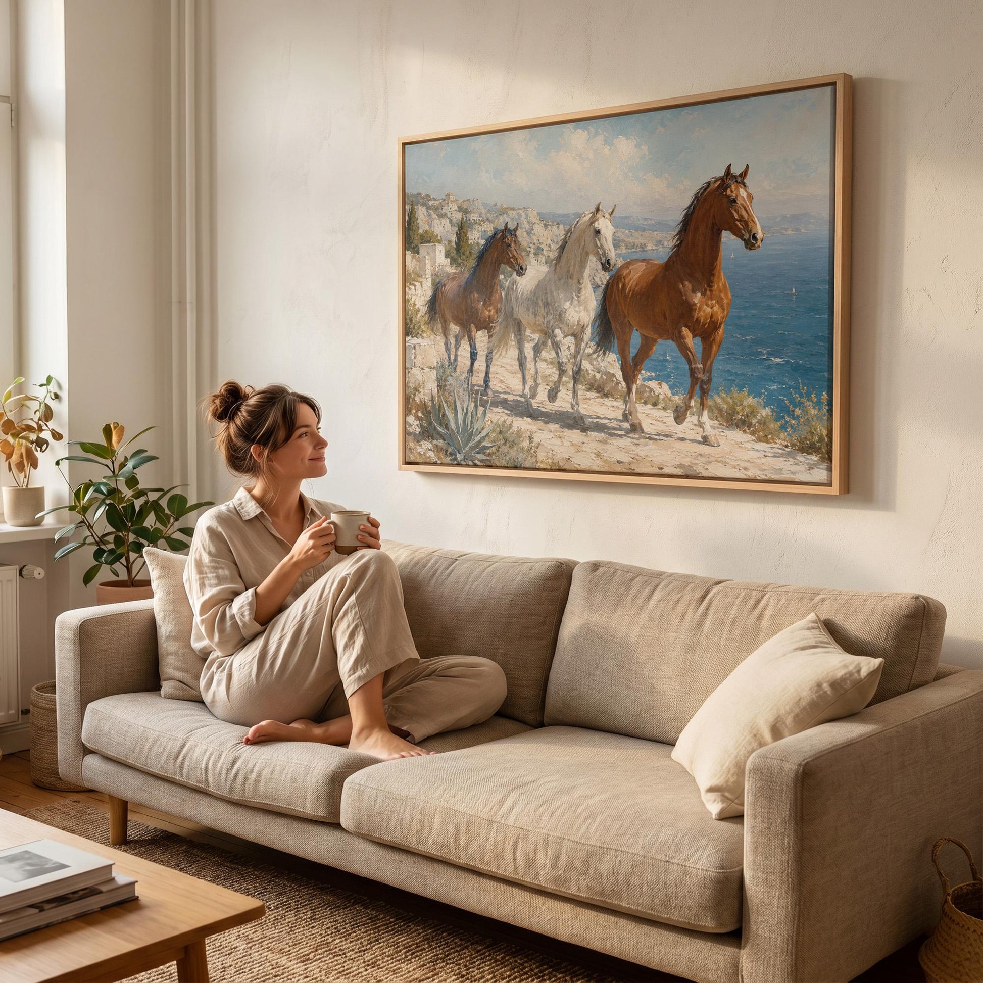 Three horses on a sunlit cliff above a blue Mediterranean bay, canvas print presented in a light, minimal room