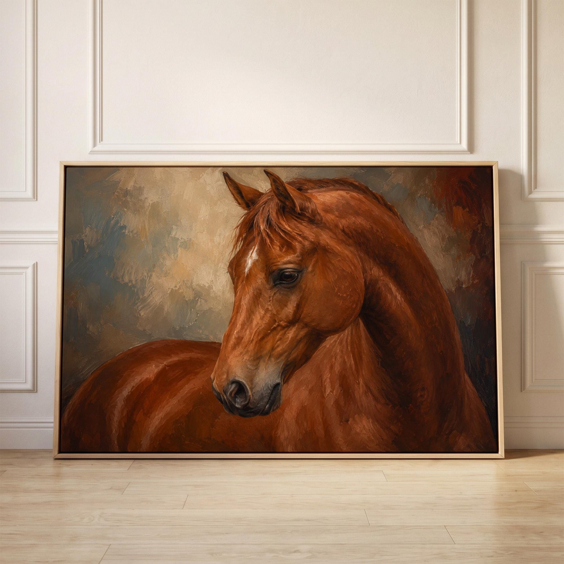 Chestnut horse portrait turning its head in warm light, canvas print held up against a sunlit bedroom wall