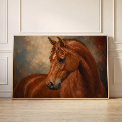 Chestnut horse portrait turning its head in warm light, canvas print held up against a sunlit bedroom wall