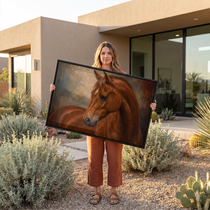 Chestnut horse portrait turning its head in warm light, canvas print styled against a soft white wall