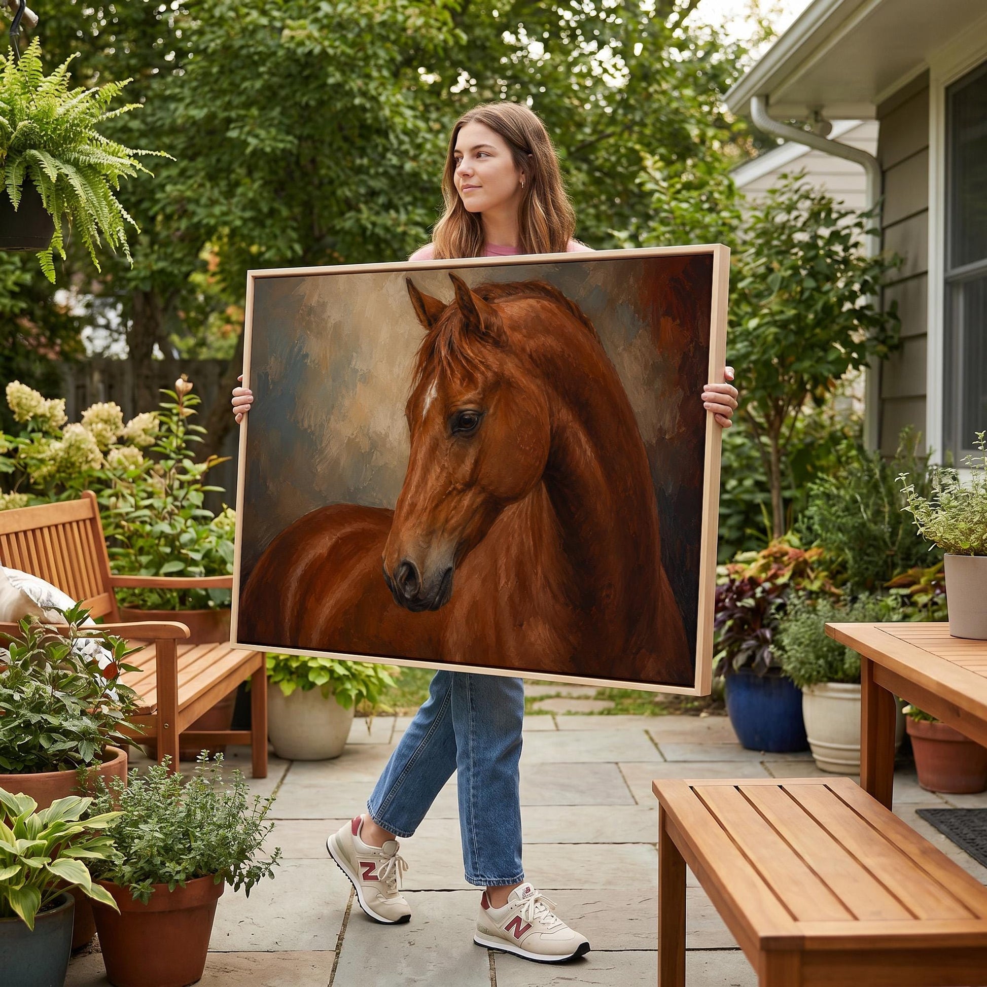 Chestnut horse portrait turning its head in warm light, canvas print seen in a warm interior with natural light