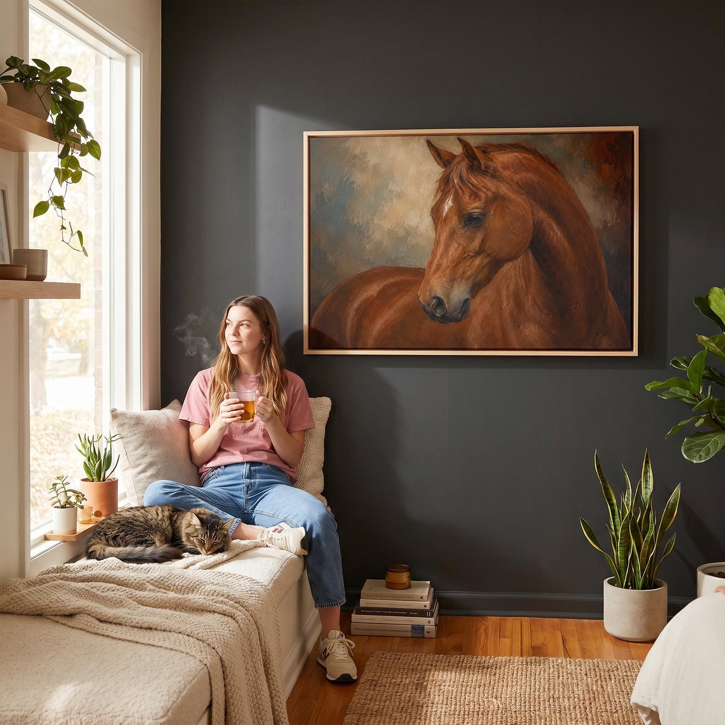 Chestnut horse portrait turning its head in warm light, canvas print shown to scale in a furnished room