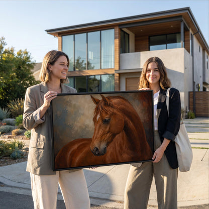 Chestnut horse portrait turning its head in warm light, canvas wall art seen in a warm interior with natural light