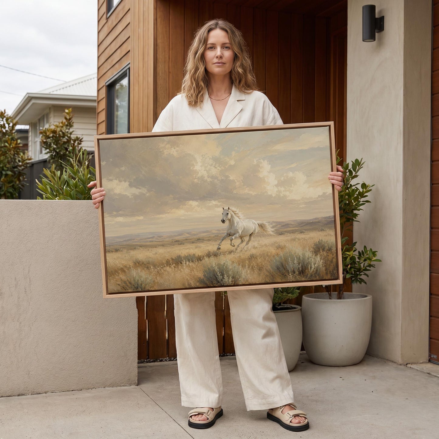 Lone white horse cantering across open prairie under a big sky, canvas print hanging in a calm, modern living space