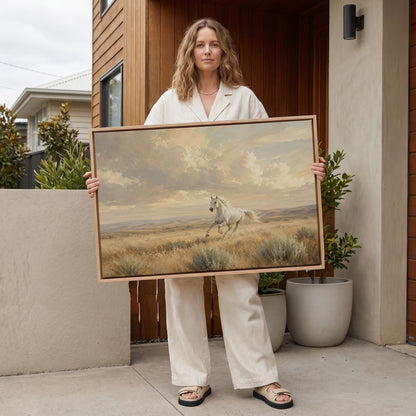 Lone white horse cantering across open prairie under a big sky, canvas print hanging in a calm, modern living space