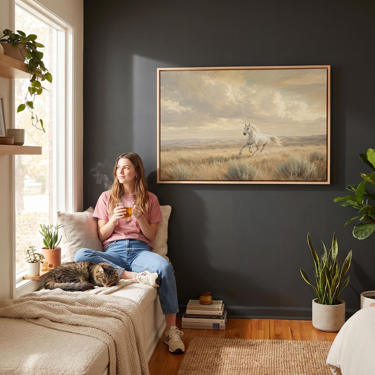 Lone white horse cantering across open prairie under a big sky, canvas print on a quiet wall in a considered interior