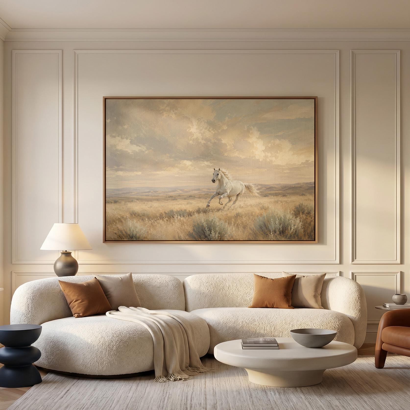 Lone white horse cantering across open prairie under a big sky, canvas print displayed on a neutral wall in a styled interior