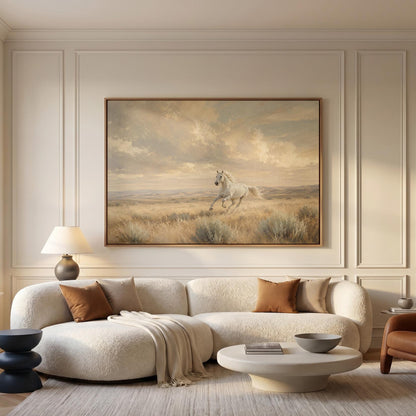 Lone white horse cantering across open prairie under a big sky, canvas print displayed on a neutral wall in a styled interior