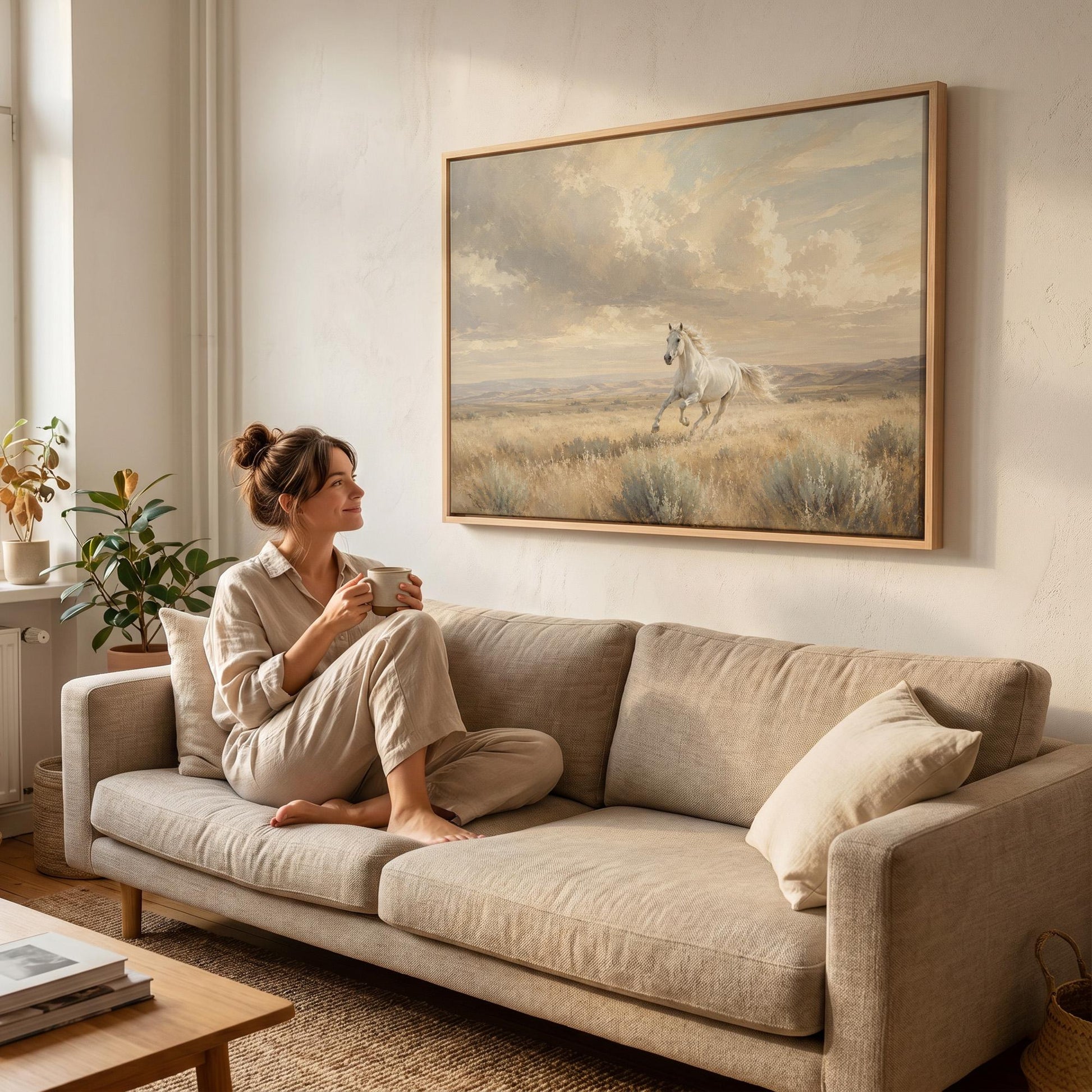 Lone white horse cantering across open prairie under a big sky, canvas wall art styled against a soft white wall