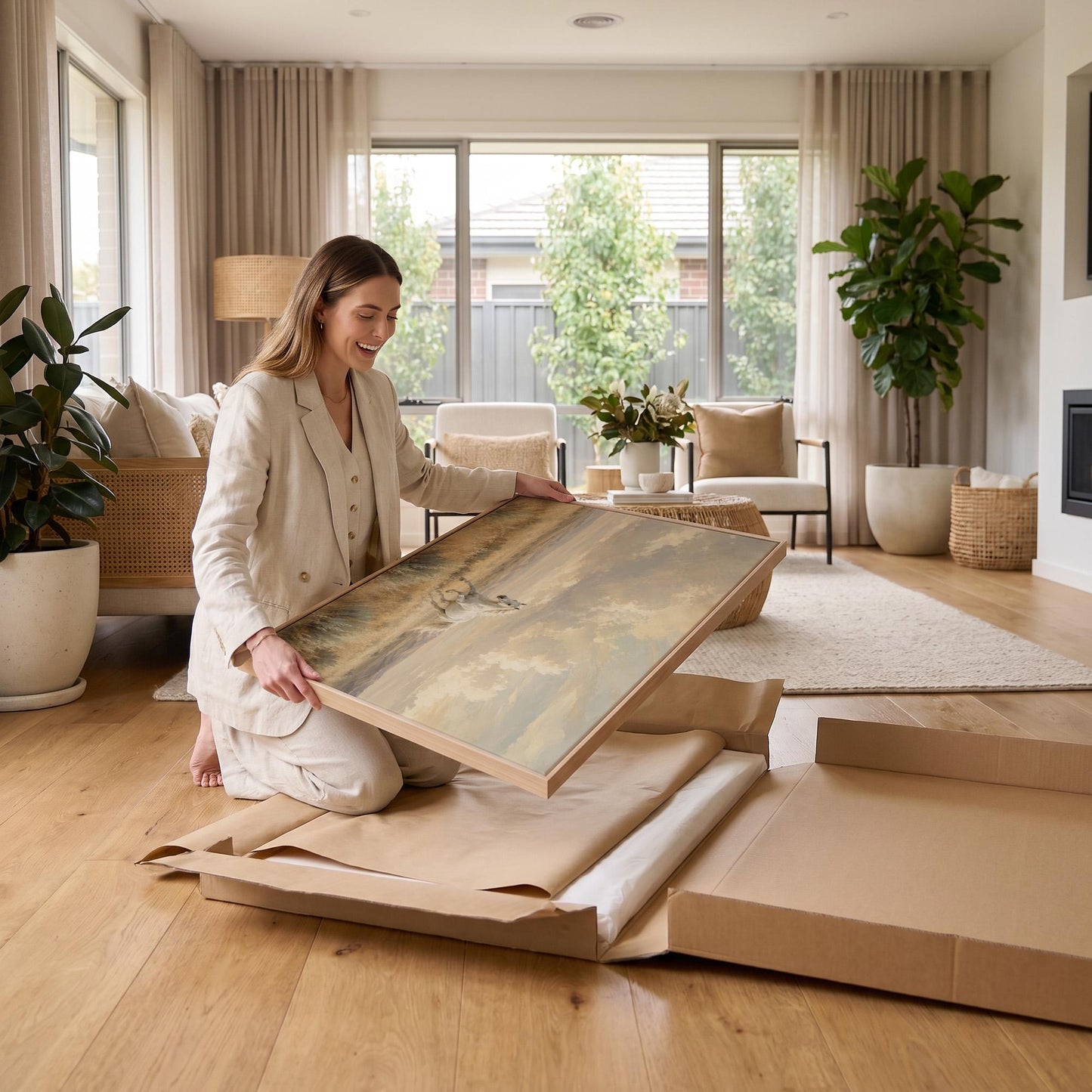 Lone white horse cantering across open prairie under a big sky, canvas wall art seen in a warm interior with natural light