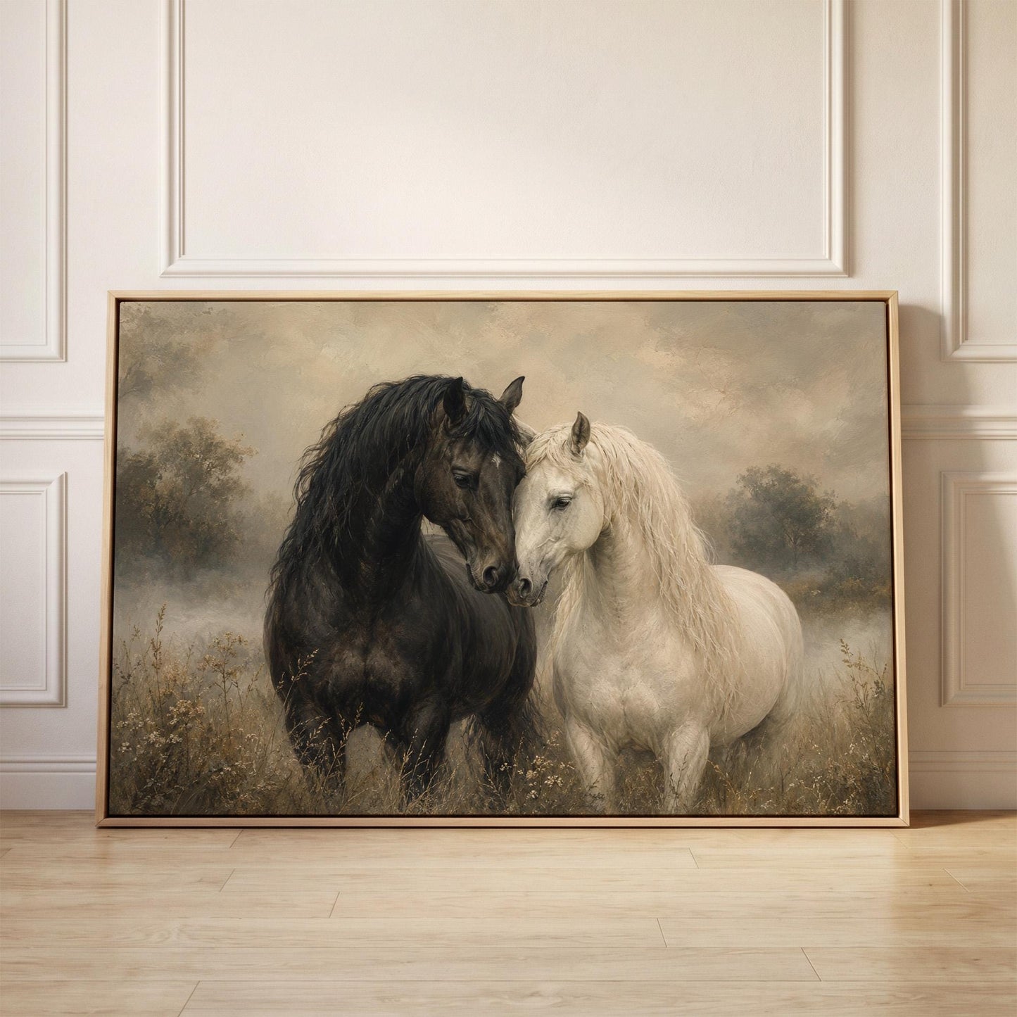 Black and white horses standing nose to nose in a misty meadow, canvas print held up against a sunlit bedroom wall