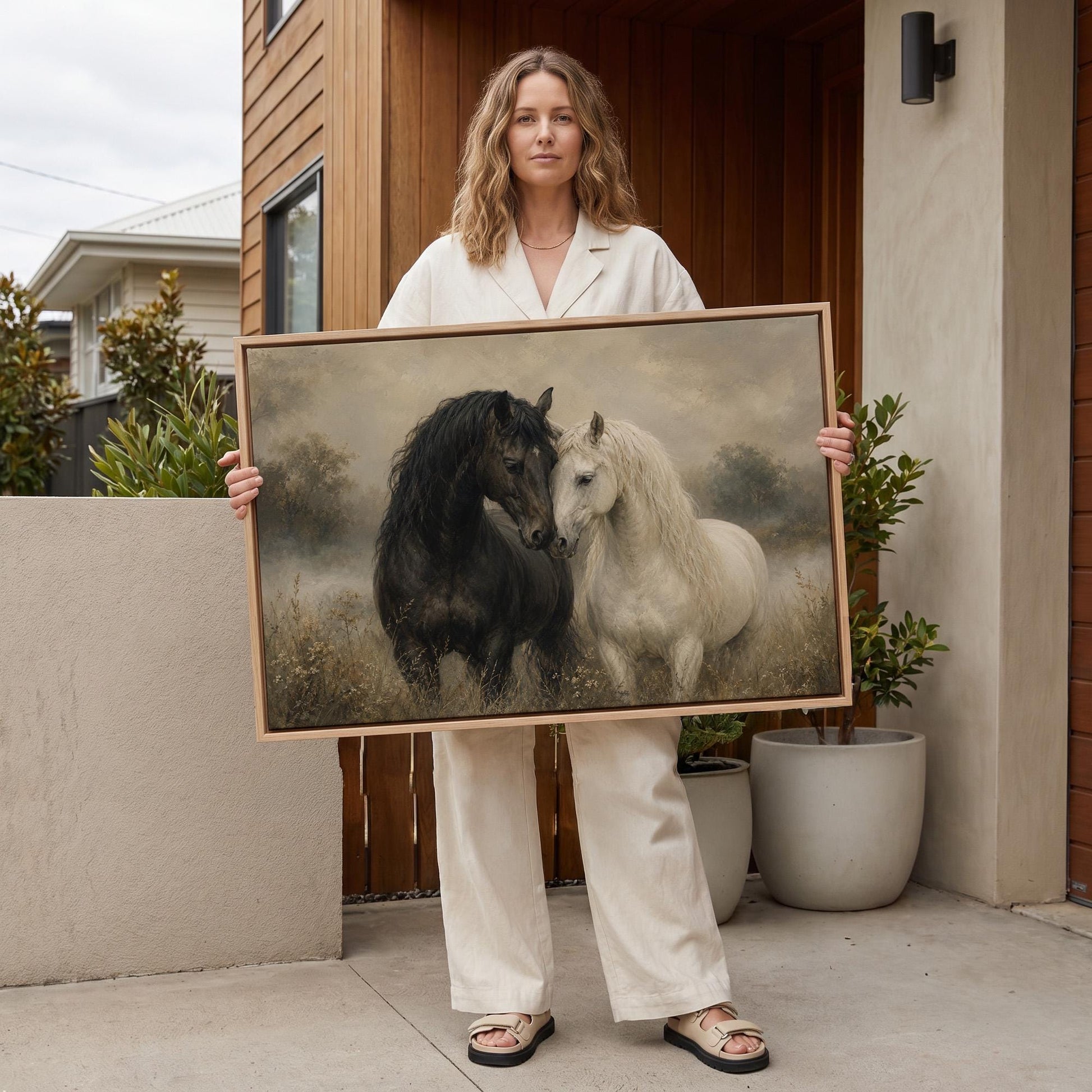 Black and white horses standing nose to nose in a misty meadow, canvas print seen in a warm interior with natural light