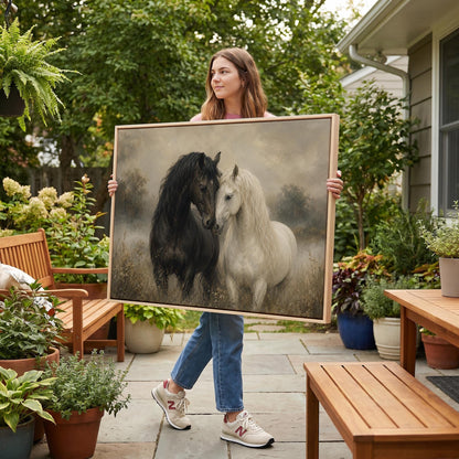 Black and white horses standing nose to nose in a misty meadow, canvas print presented in a light, minimal room