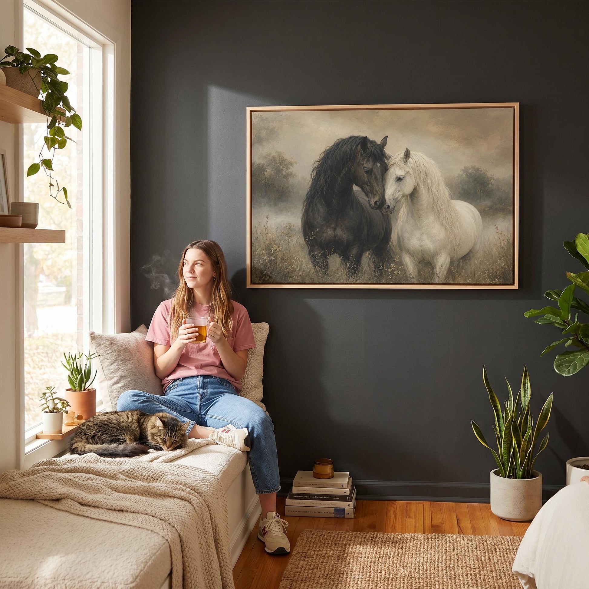 Black and white horses standing nose to nose in a misty meadow, canvas print displayed on a neutral wall in a styled interior