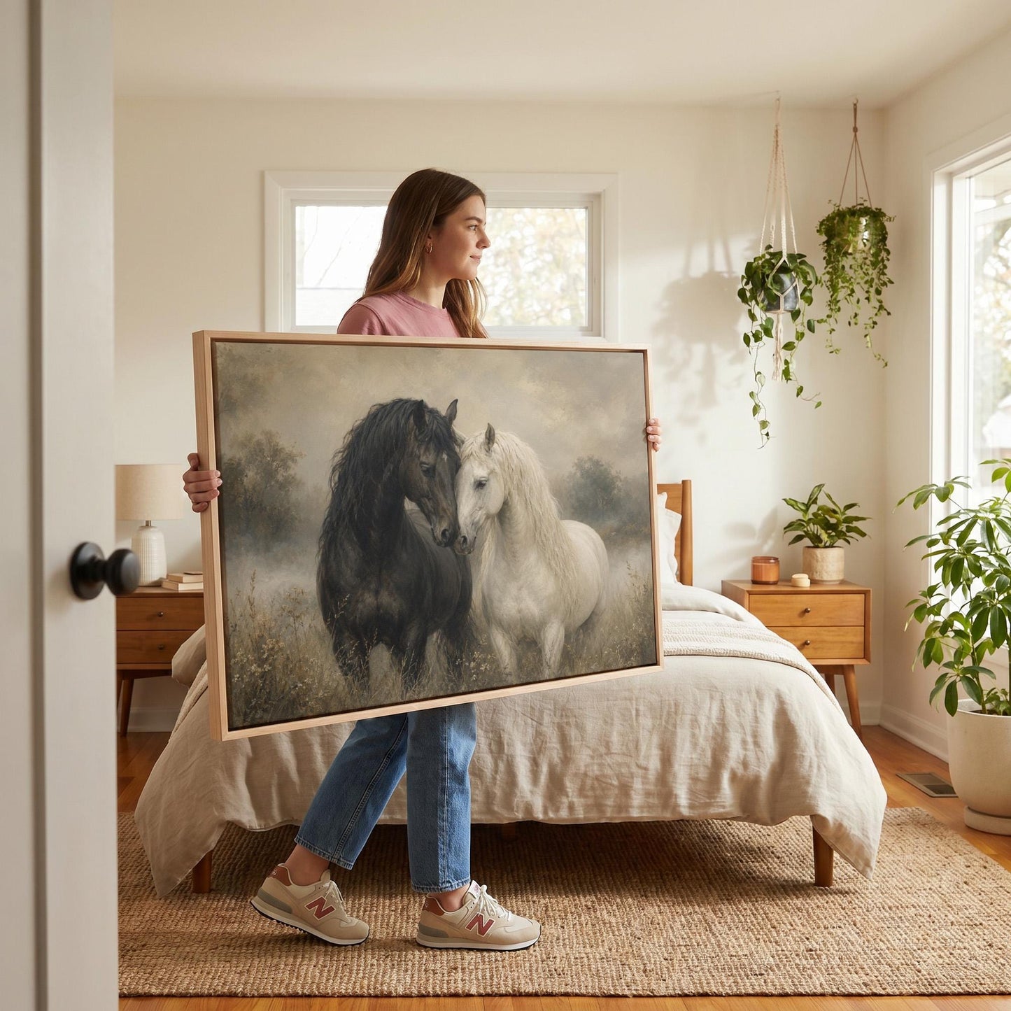 Black and white horses standing nose to nose in a misty meadow, canvas print shown in a sunlit, contemporary room