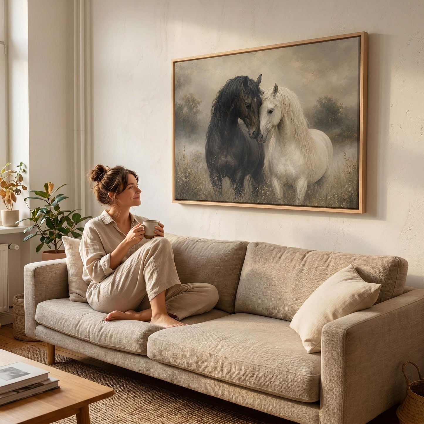 Black and white horses standing nose to nose in a misty meadow, canvas wall art styled against a soft white wall