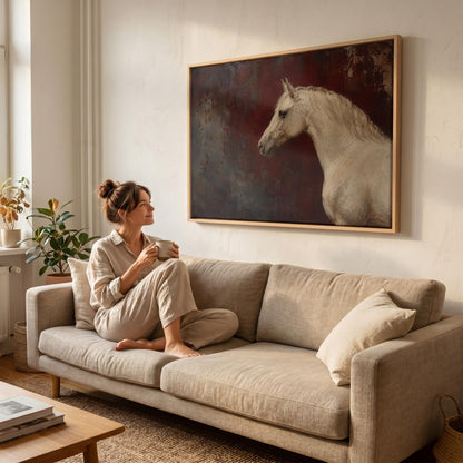 Pale grey horse portrait against a deep oxblood background, canvas print shown to scale in a furnished room