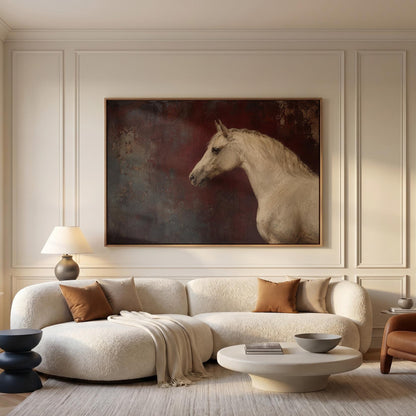 Pale grey horse portrait against a deep oxblood background, canvas print shown in a sunlit, contemporary room