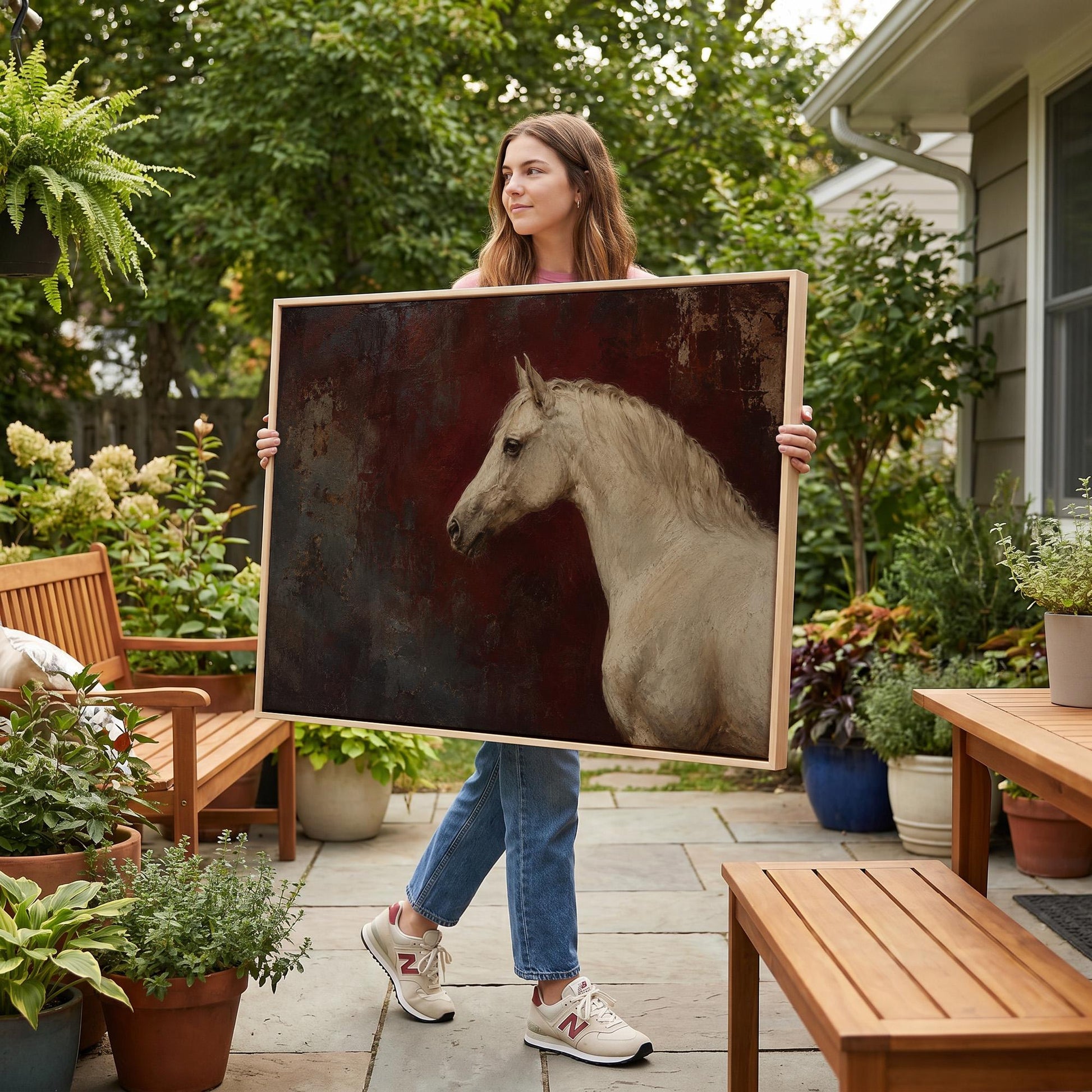 Pale grey horse portrait against a deep oxblood background, canvas wall art styled against a soft white wall