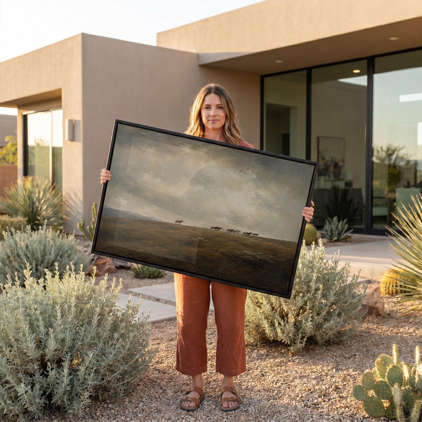 Distant herd of horses crossing a ridge under a vast cloudy sky, canvas print hanging in a calm, modern living space