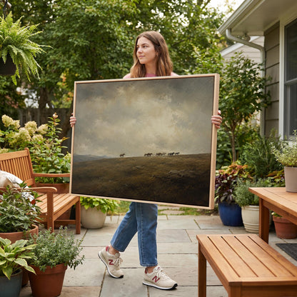 Distant herd of horses crossing a ridge under a vast cloudy sky, canvas print styled against a soft white wall