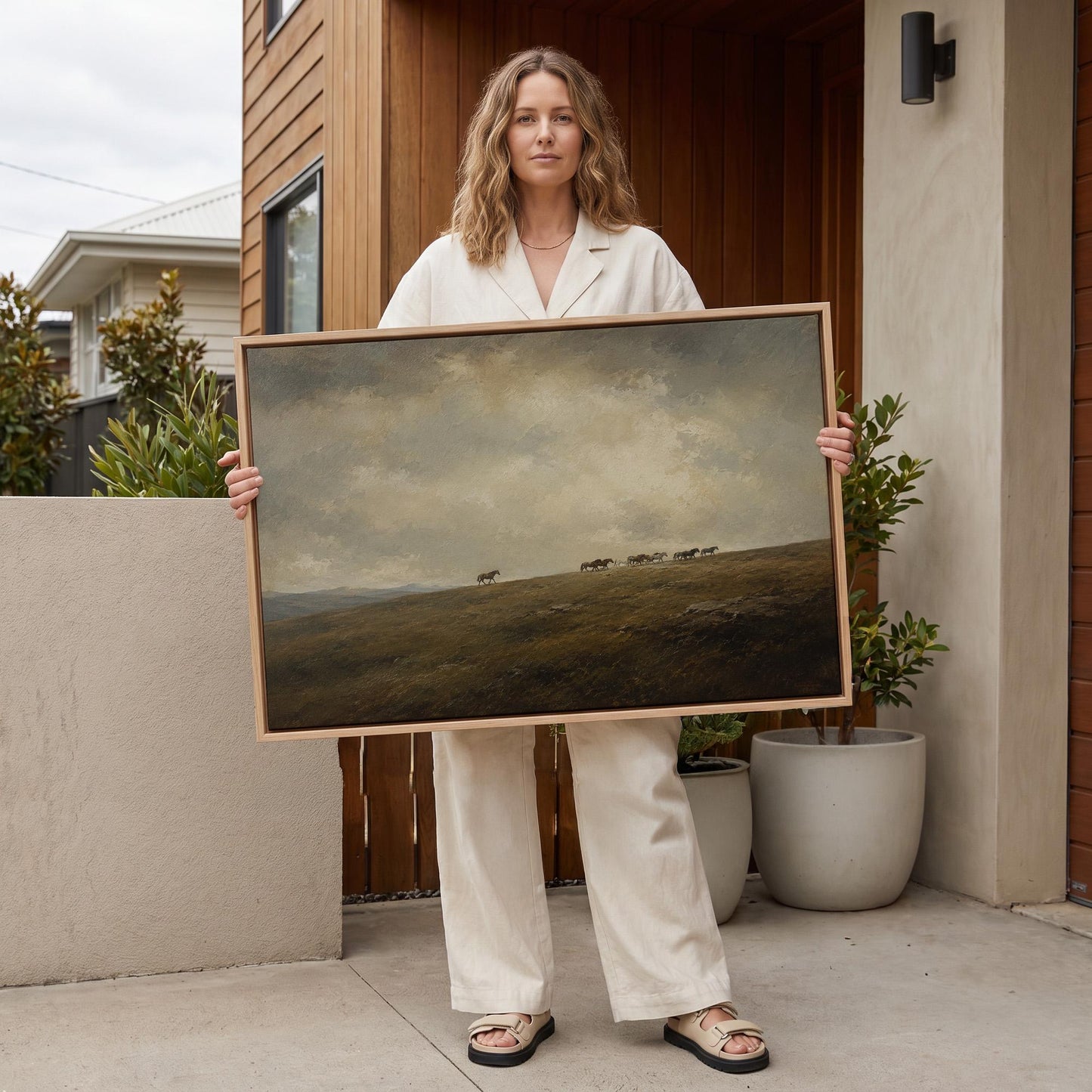 Distant herd of horses crossing a ridge under a vast cloudy sky, canvas print displayed on a neutral wall in a styled interior