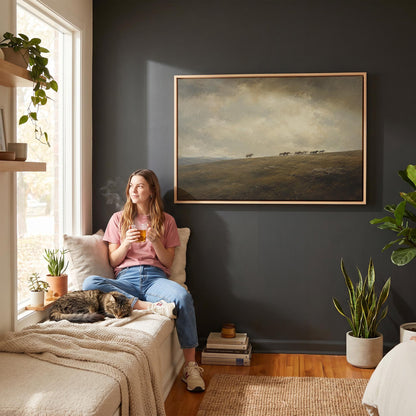 Distant herd of horses crossing a ridge under a vast cloudy sky, canvas print shown in a sunlit, contemporary room