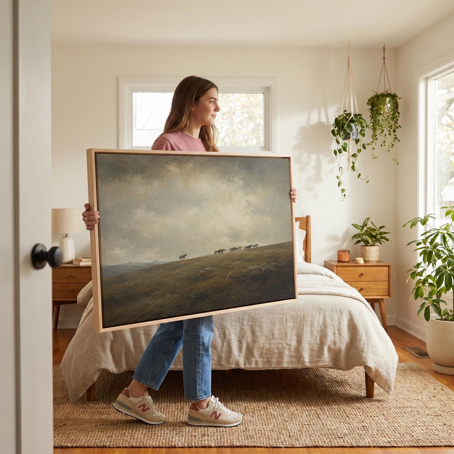 Distant herd of horses crossing a ridge under a vast cloudy sky, canvas wall art styled against a soft white wall